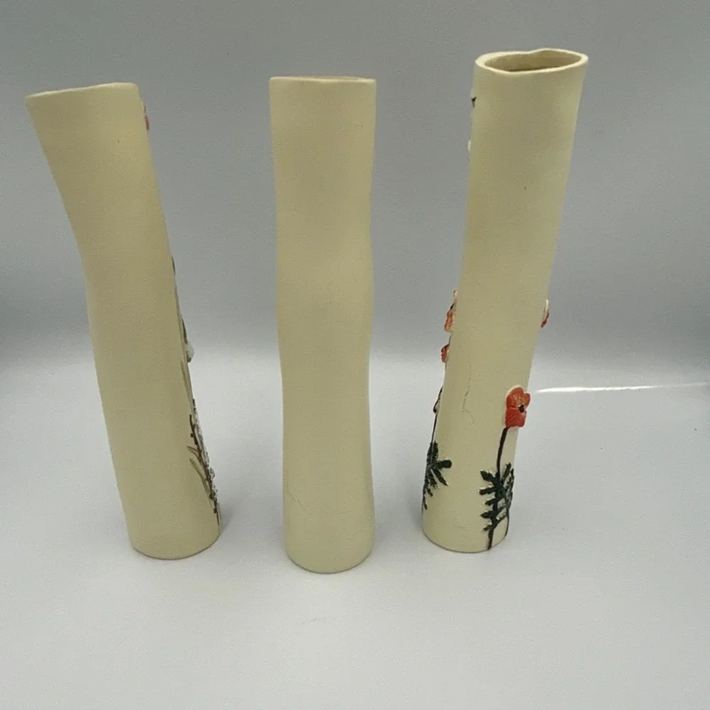 Set of 3 Modern Floral Face Vases, Cream Orange Blue Green, Matte Finish